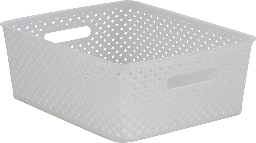 Simplify Medium Resin Wicker Tote | Storage Bin | Plastic Organizer | Carrying Handles | Bathroom | Pantry | Accessories | Cleaning Products | White
