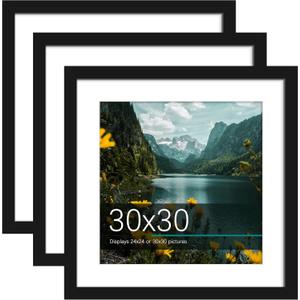 Picrit 30x30 Picture Frame 3 Pack, Black Poster Frame, Display Poster 24 x 24 with Mat or 30 x 30 without Mat for Horizontal or Vertical Wall Mounting