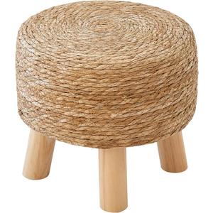 Round Ottoman Natural Seagrass Footstool, Round Footstool with 4 Wood Legs, Hand Woven Round Footstool Sofa Stool, Multifunctional Modern Dressing Stool, Sofa Side Table for Bedroom (Nature)