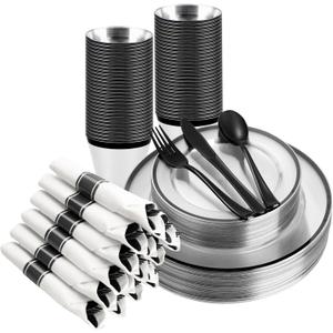 BESTSTAR 175PCS Clear and Black Disposable Plates Set for 25 Guests, 50 Plastic Plates, 25 Cups, 25 PreRolled Napkins with Plastic Cutlery for Party, Birthday, Wedding, Thanksgiving, Christmas