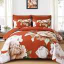Dobuyly Burnt Orange Comforter Set King Size 7 Piece Bed in a Bag, Floral Printed on Terracotta Comforter Set with Sheets, Soft Microfiber Botanical Fall Bedding Set for All Season