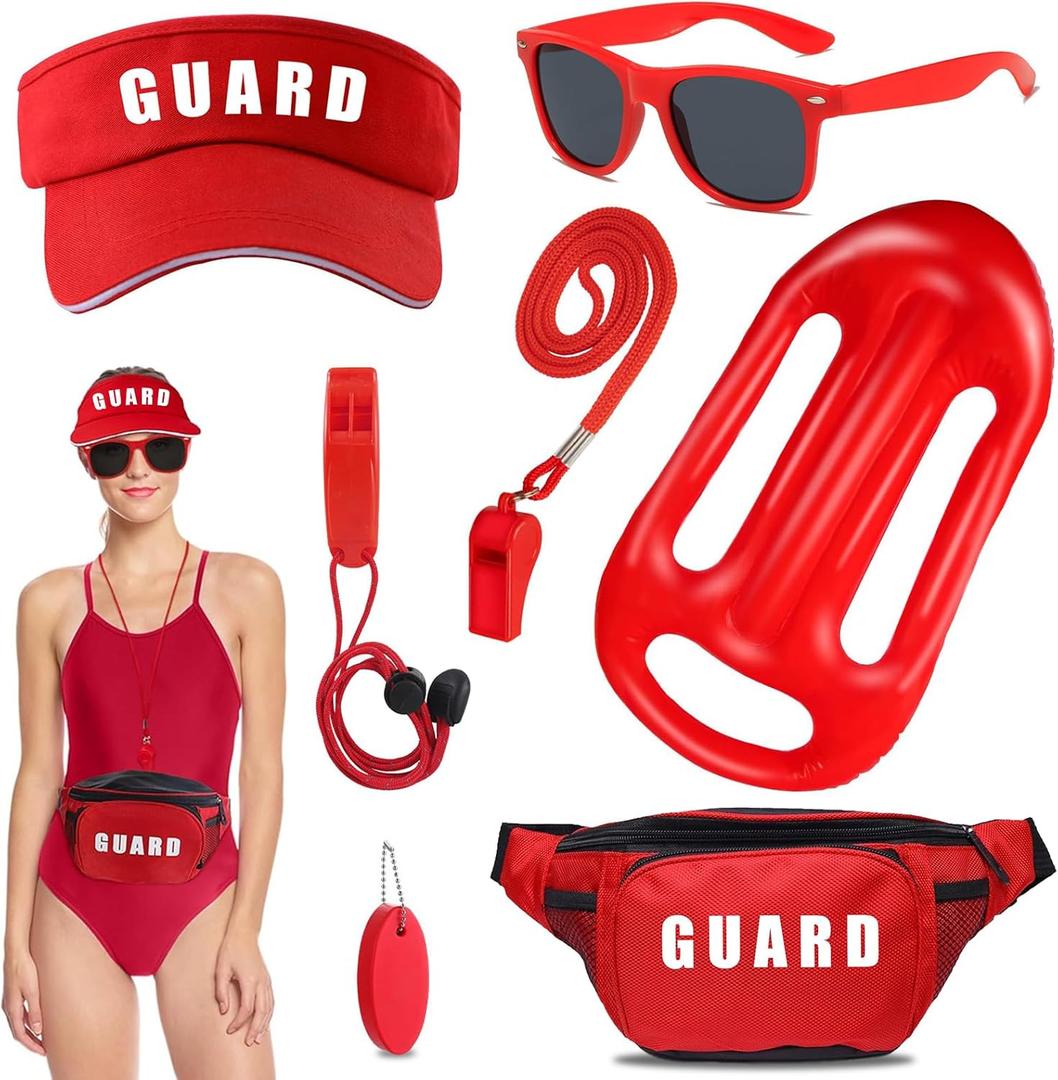 Guard Costume Set 7 Pcs Lifeguard Accessories Kit Include Guard Hat Sunglasses Inflatable Float Guard Fanny Pack Whistle with Lanyard Rescue Tube Float Keychain for Halloween Party Dress Up Red