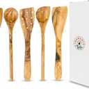 Tramanto Olive Wood Utensil Set - 5 Piece Spatula and Spoon Wooden Cooking Tools, 12 Inch Long, Rustic Hand Made with Gift Box