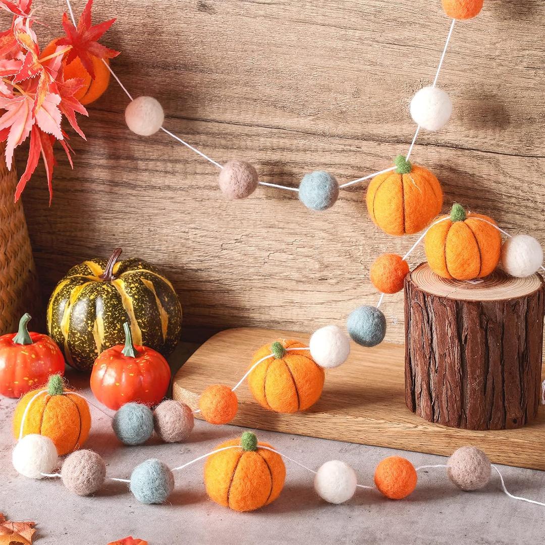 MTLEE 2 Pcs Pumpkin Garland Autumn Thanksgiving Decoration for Home Hanging Felt Pumpkin Garland Fall Felt Ball Banner for Indoor Mantle Wall Decor Boho Classroom Orange Pom Pom Party Favors