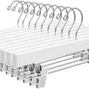 BAGAIL 10 Pack Wooden Pants Hangers with Adjustable Clips, 360Swivel Hook Space Saving Skirt Holders with Anti-Rust Clips for Trousers, Jeans, Shorts (White)