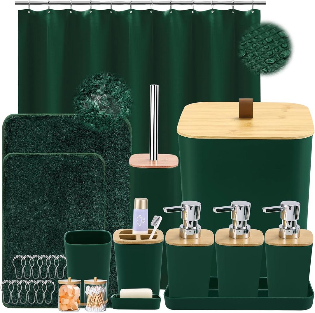 Bathroom Sets with Shower Curtain and Rugs, 27PCS Dark Green Bathroom Accessories Set with  Can, Green Shower Curtain Set, No Slip Super Absorbent Bathroom Rugs