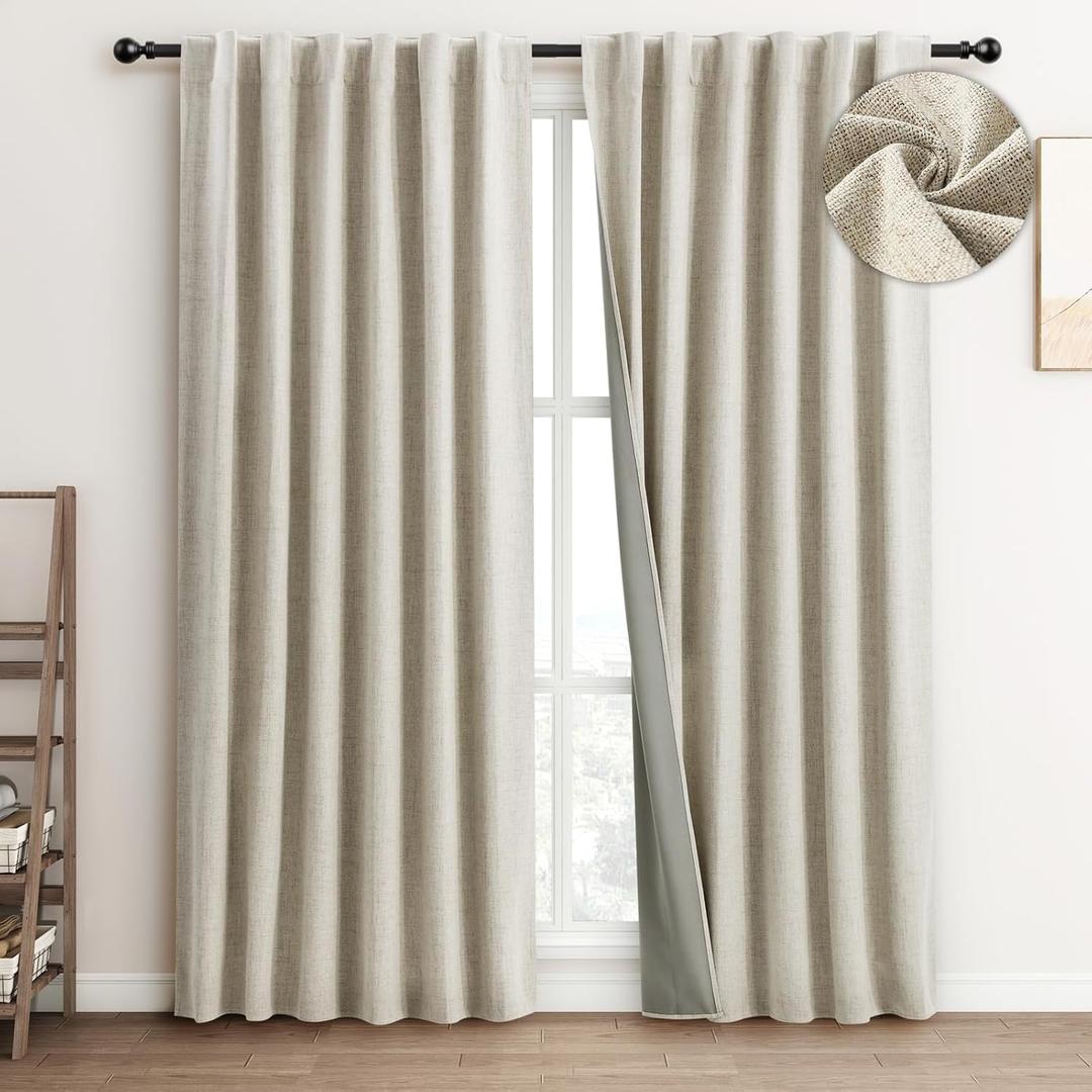 FLORECORD 100% Blackout Linen Curtains 52 Inch Wide x 63 Inch Long 2 Panels Set Thermal Insulated Textured Black Out Darkening Drapes for Bedroom Living Room Hook Belt/Back Tab/Rod Pocket, Beige