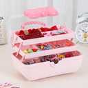 Hair Accessories Organizer for Girls Headbands, Clips, Ties Baby Girl Supplies, Lockable Three-layer Folding Craft Organizers and Storage Plastic Jewelry Box,10.8 * 5.9 * 5.7in (Pink)