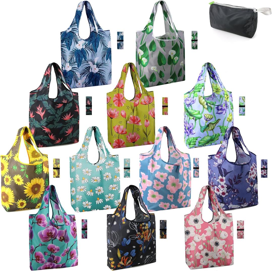 BeeGreen 12 Packs Flower Reusable Grocery Bags Reusable Tote Bags Extra Large 50LBS Cute Floral Design Foldable Reusable Bags for Women Men Lightweight Durable (Black, Purple, Blue, Pink, Yellow, Red, Green, White)