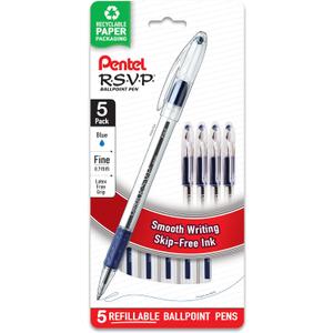 Pentel RSVP Ballpoint Pen, Fine Line, (0.7mm), Blue Ink (BK90BP5C) (Pack of 1, 5 Count Total)