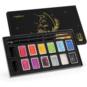CraftyManor Mini Glitter Watercolor Paint Set with Paper, 12 Colors Shimmer Metallic Watercolour Painting Sets, Solid Pearl Water Color Paints for Adult(3ml 12 Colors)