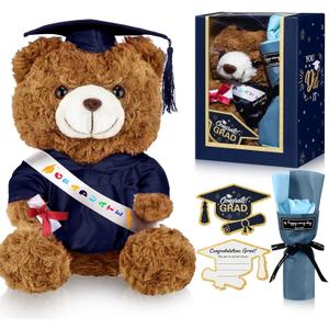 Graduation Bear Gifts Set Include Stuffed Animal Bear with Gown Cap Tassel Class of 2025 Grad Card Soap Artificial Flower Box with Window Graduation Gift for Him Her(Navy)