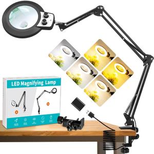 12X 30X Magnifying Glass with Light and Stand, Extended Long Arm Magnifying Lamp for Close Work, Craft, Sewing, Workbench, Repair, Knob Lighted Magnifier Light Adjustable Color and Brightness