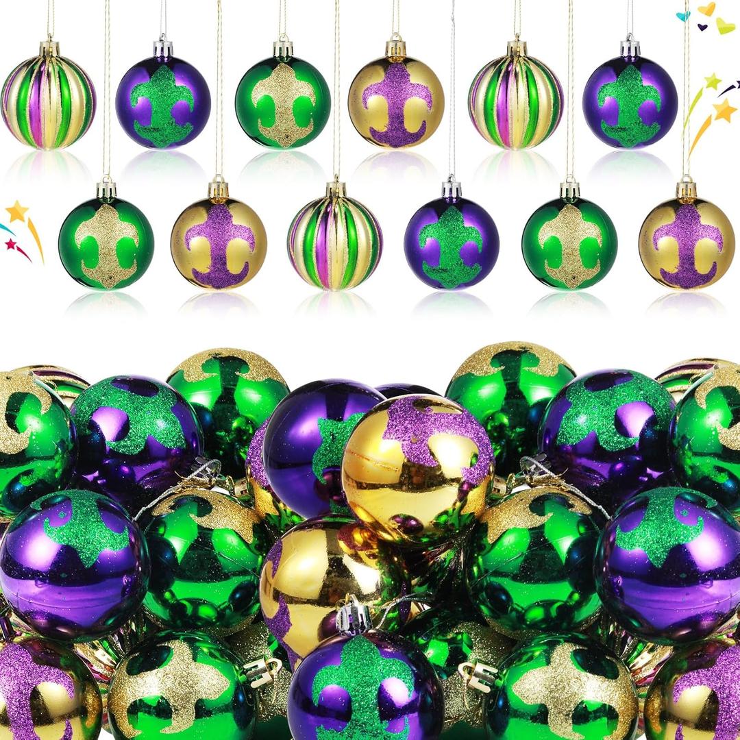 Capoda 24 Pcs Mardi Gras Ornaments 2.4 Inch Mardi Gras Ball Ornaments Carnival Purple Gold Green Shatterproof Hanging Glitter Balls for Tree Home Masquerade Party Decorations