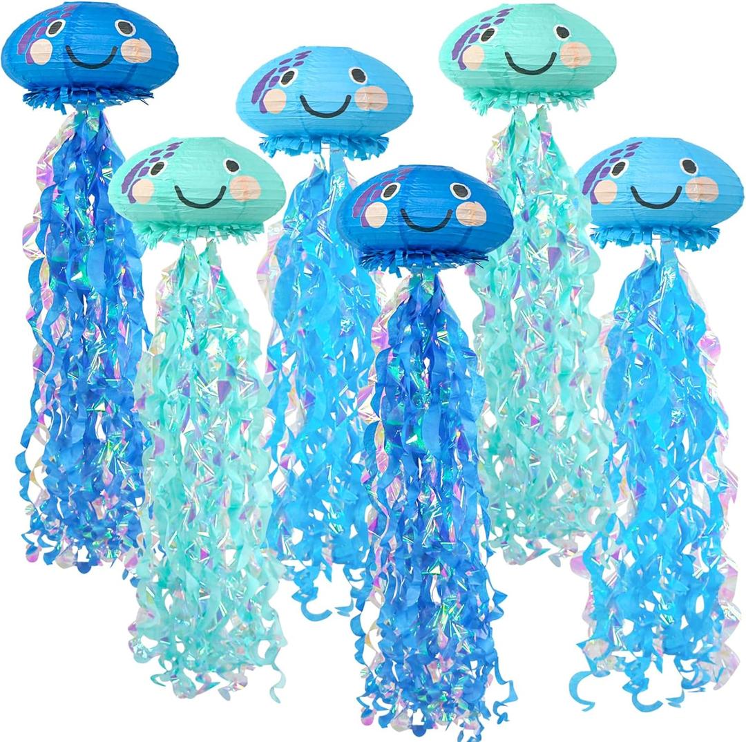 ADLKGG Blue Jellyfish Paper Lanterns, Under The Sea Party Decorations, Hanging Smile Face Jelly Fish Paper Lanterns for Mermaid Theme Party Ocean Birthday Decorations Baby Shower Classroom Decor