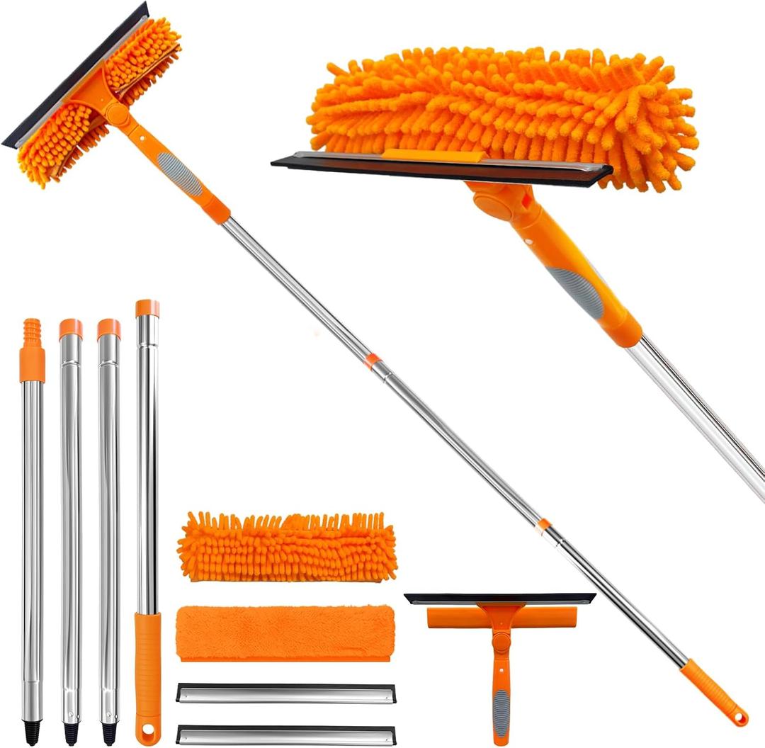 67" Squeegee Window Cleaner 2 in 1 Rotatable Window Cleaning Tool Kit with Extension Pole, Window Washing Equipment with Bendable Head for Indoor & Outdoor High Windows and Car Glass