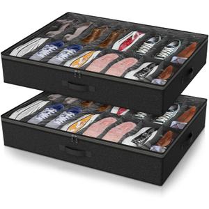 Under Bed Shoe Storage Organizer for Closet, Fits 32 Pairs Underbed Shoes Box Storage Containers Under the Bed Storage Foldable with Sturdy Handles&Clear Window for College Dorms Black, Set of 2 (2 Shoes (16+16 Cells) Linen-like Black)