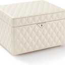 Vee Jewelry Box, 3-Layer Jewelry Case Diamond Quilted Leather Jewelry Organiser with Drawers,Jewelry Storage with big Mirror,Multipurpose Use with Key Lock,Gift Idea (beige, Large-13.39*10.04*8.66in)