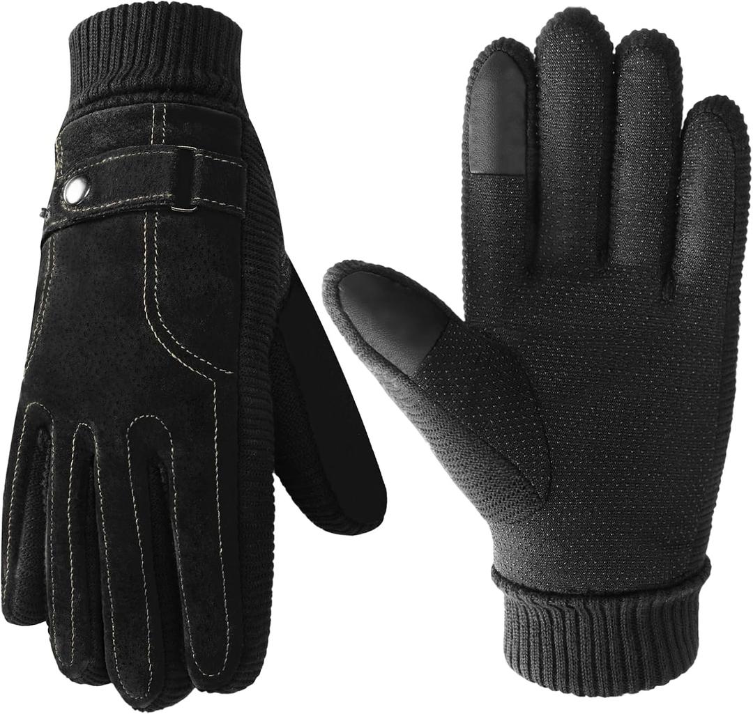 Winter Gloves for Men, Leather Gloves Mens Thermal GloveTouch Screen Resistant Windproof for Running Cycling Driving (Black)