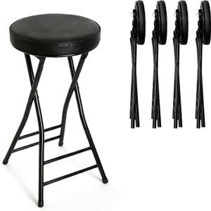 Folding Bar Stool,24 Inch Tall Foldable Stool Chair,4PCS Height Cushioned Leather Padded Bar Chair for Kitchen Fishing Hiking Gardening Travel BBQ