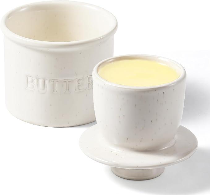 Butter Crock with Lid for Countertop  Ceramic French Butter Dish for Spreadable Soft Butter, Butter Container Holder with a Water Seal, Housewarming Gift, Kitchen and Home Decor, Speckled White