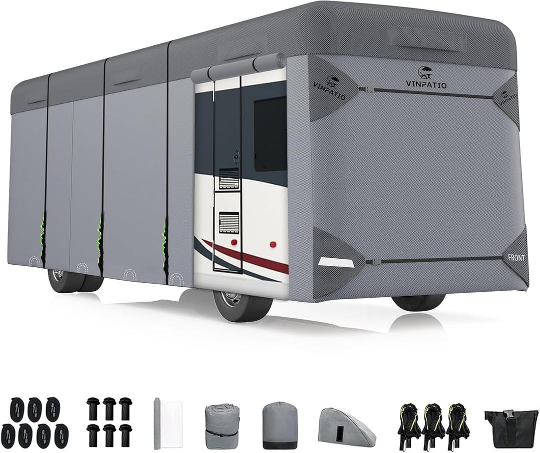 VINPATIO Class A RV Cover Extra Thick 7 Layers Top: Fits 37'-40' RV, Heavy Duty Windproof Waterproof Class A Motorhome Cover with 2 Extra Long Straps, Gutter Covers