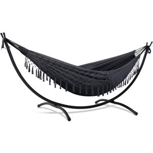 SUNCREAT Portable Outdoor Hammock with Stand Included, Double Hammock with Tassel for Outside, Dark Gray