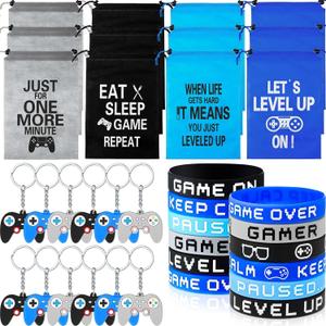 Shappy 36 Pieces Video Game Party Favors Includes Video Game Bracelets Wristbands Gaming Party Bags with Drawstring Game Controller Keychains for Video Game Birthday Party Favors Supplies