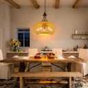 Boho Rattan Chandelier for Dining Room, ropelux 5-Light Farmhouse Chandelier Rustic Wicker Drum Hanging Light Fixture, Coastal Hand Woven Large Pendant Light for Kitchen Island Bedroom Living Room
