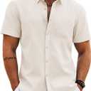 COOFANDY Men's Button Down Short Sleeve Shirt Casual Cotton Summer Beach Wedding Linen Shirts with Pocket, L