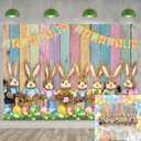 Easter Backdrop Colorful Wood Photography Backdrop Rabbit Eggs Grass Spring Background Banner Easter Party Decoration Kids Birthday Baby Shower Photo Booth Props (8X6FT)