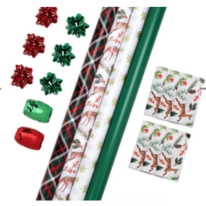 LaRibbons Christmas Wrapping Paper Set, Reindeer & Snowflake Design with Gift Bow & Ribbons & Tags, Perfect for Holiday, Party, Xmas Celebration,30 Inch X 10 Feet (4Rolls, 100 sq.ft.ttl.)