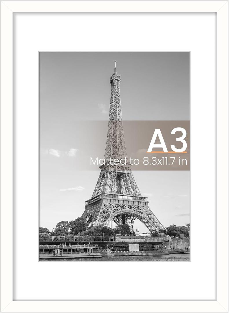 upsimples A3 Picture Frame, Display Pictures 8.3x11.7 with Mat or 11.7x16.5 Without Mat, Wall Hanging Photo Frame, White, 1 Pack