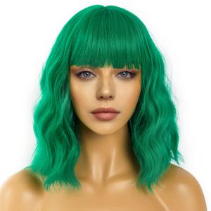 Short Bob Wigs with Bangs for Women Loose Wavy Wig Curly Wavy Shoulder Length Bob Synthetic Cosplay Wig for Girl Colorful Costume Wigs (Green)