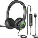 JIAMQISHI USB Headset with Mic for PC, On-Ear Computer Laptop Headphones with Noise Cancelling Microphone in-line Control for Home Office Online Class Skype Zoom (USB+3.5mm, Green)