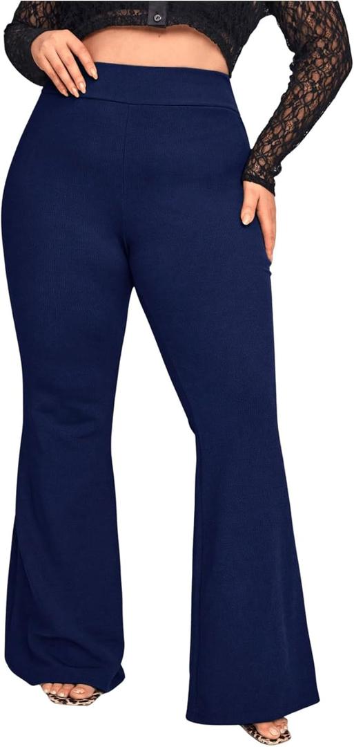 WDIRARA Women's Plus Size Elastic High Waist Flare Bell Bottom Ribbed Knit Long Pants (Blue, XXXL)