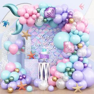 Mermaid Balloon Garland Arch Kit, Pastel Pink Purple Teal Blue Clear Latex Balloons with Mermaid Tail Seashell Foil balloons, for Girls Little mermaid Party Decorations Under the Sea Birthday Supplies