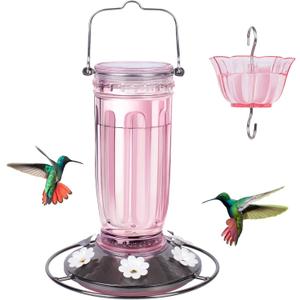 Kingsyard Glass Hummingbird Feeder for Outdoors Wild Bird Feeder with 6 Feeding Ports Hanging for Garden Yard, Pink (Ant Moat Included)