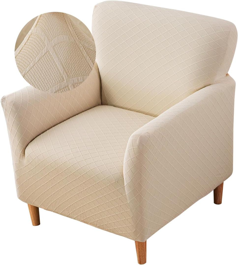 FUANGUI Banquet Armchair Slipcover Chair Covers with Arms Stretch Club Chair Slipcover Soft Armchair Sofa Covers Anti-Slip Furniture Protector for Dogs Pets Home Living Room Decor (1pcs, Twill Check Beige)