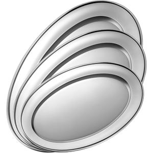 3 Pcs Stainless Steel Serving Tray Large Oval Platter Set, 11.8" 13.8" 15.7" Heavy Duty Metal Oval Serving Platter Mirror Polish Sizzle Plate for Fish Dessert Meat Sushi Birthday Wedding