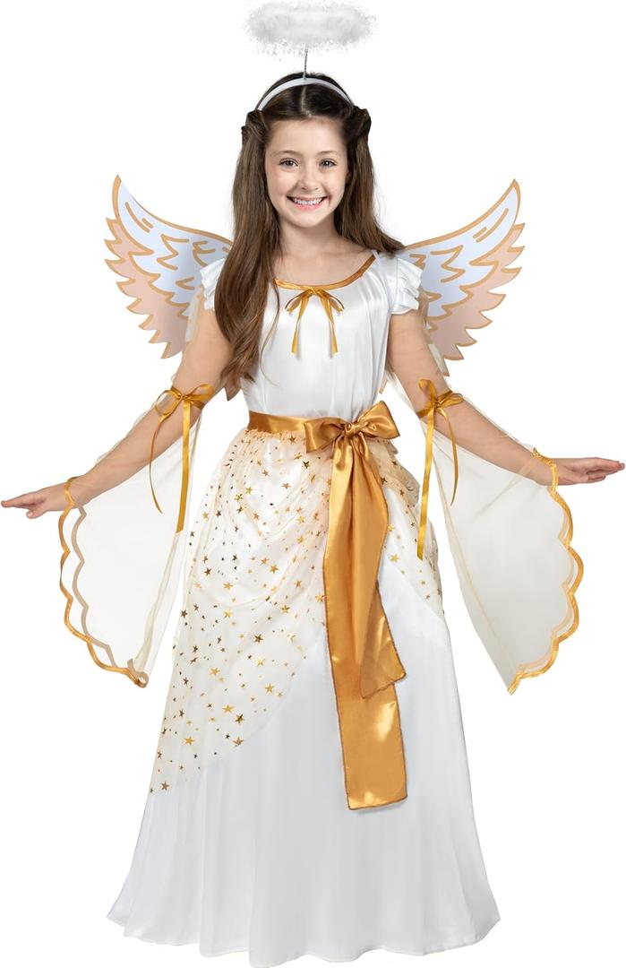 Spooktacular Creations Halloween Angel Costume for Girls, Golden White Angel Dress for Kids for Halloween Role Play Themed Party, X Large, 10-12 Yrs