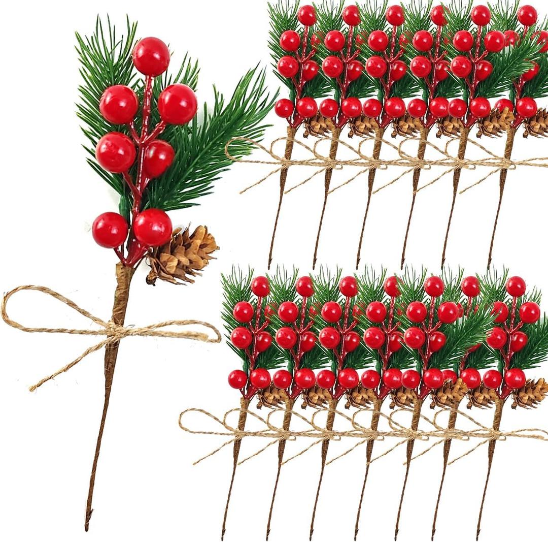 TIHOOD 20PCS 8inch Pine Cone Red Berry Picks Stems Crafts Branch Christmas Wreath, Holly Artificial Evergreen Branches Tiny Pine Cones Picks Dcor Floral Picks for Christmas Flower Wreaths DIY