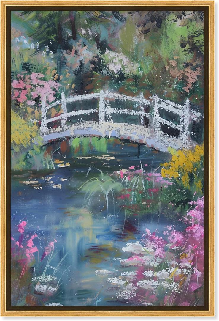 Hidden Garden Framed Impressionism 1 Piece Canvas Wall Art/Monet And Van Gogh Inspired Art, 17.5" x 25.5", Gold Frame