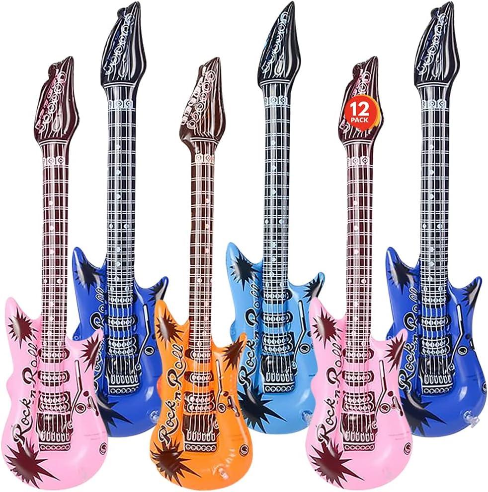 ArtCreativity Rock Guitar Inflates, Set of 12, Decorations for Music Themed Parties, 23 Inch Long Guitar Balloons, Fun Pretend Play Accessories, Inflatable Toys for Kids, Assorted Colors