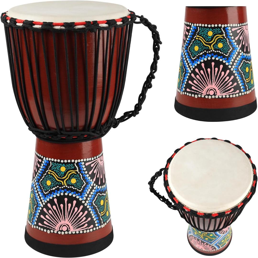 Wood Djembe Drum, 10'' x 19''Carved Mahogany African Drums with Goatskin Drumhead, West African Styled Professional Djembe Hand Drum Musical Instrument for Adults Beginners