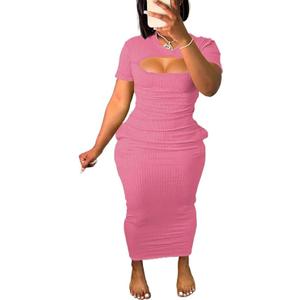 Women's Casual Short Sleeve Dress T Shirt Bodycon Dresses Ribbed V Neck Maxi Sundress Basic Party Club Dress with Pocket, L, Pink