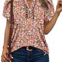 KISSMODA Women's Tunic Tops Casual V Neck Short Sleeve T Shirts Summer Puff Sleeve Ruffle Blouses (Pink, S)