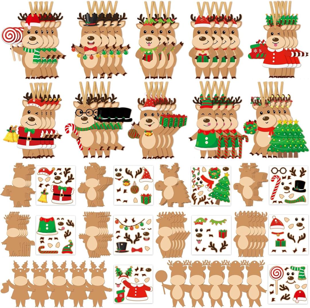 Dianelhall 50 Pcs Christmas Reindeer Craft Kit for Kids DIY Christmas Ornaments Craft Kit Fun Make Your Own Christmas Reindeer Sticker Accessories Craft Project for Xmas Tree Home Class Decoration