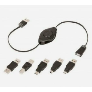 6 Ft Black USB Extension Cable Retractable Cord 2.1Amp 480mpbs 5 Adapters