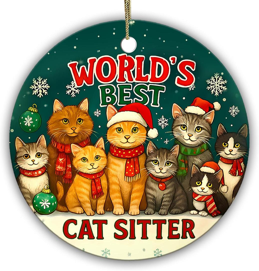 3 x World’s Best Cat Sitter Christmas Ornament – Funny Cat Lover Gift, Pet Sitting Appreciation Holiday Decoration, Ceramic Keepsake for Kitten Owners, Friends & Family